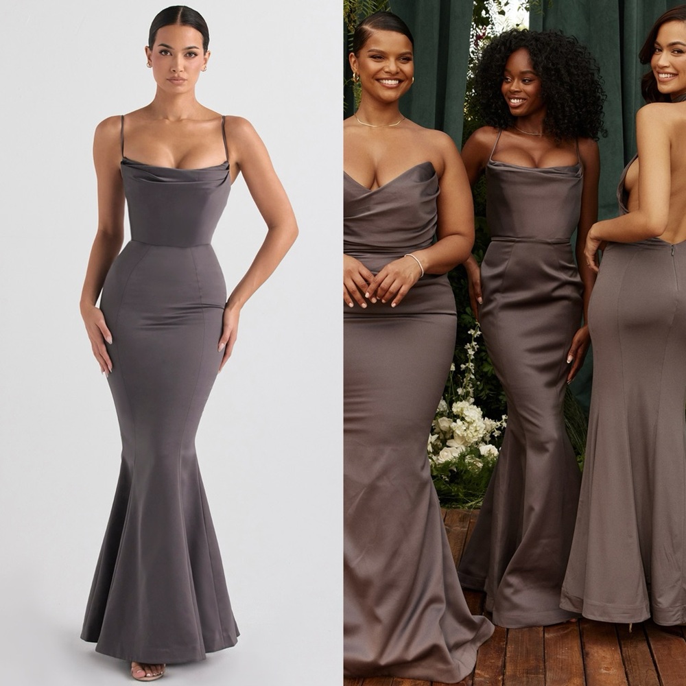 HOUSE OF CB 'Violette' Shadow Grey Satin Fishtail Gown